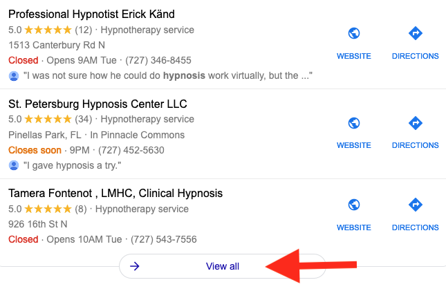 Find hypnosis near me. Google business profiles. Find a hypnotherapist.